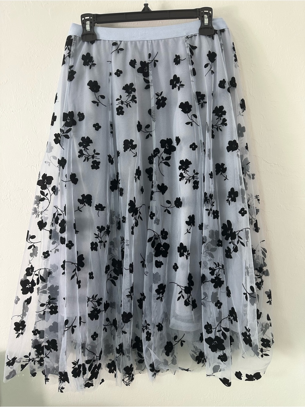 Chicwish Light Gray Midi Tulle Skirt with Black Floral Appliqué